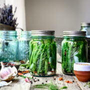 pickled dilly beans in blue ball jar