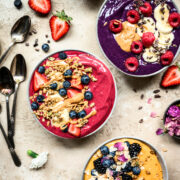 overhead view of 3 summer smoothie bowl recipes