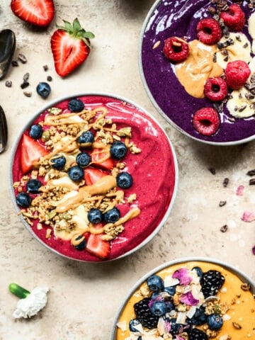 overhead view of 3 summer smoothie bowl recipes