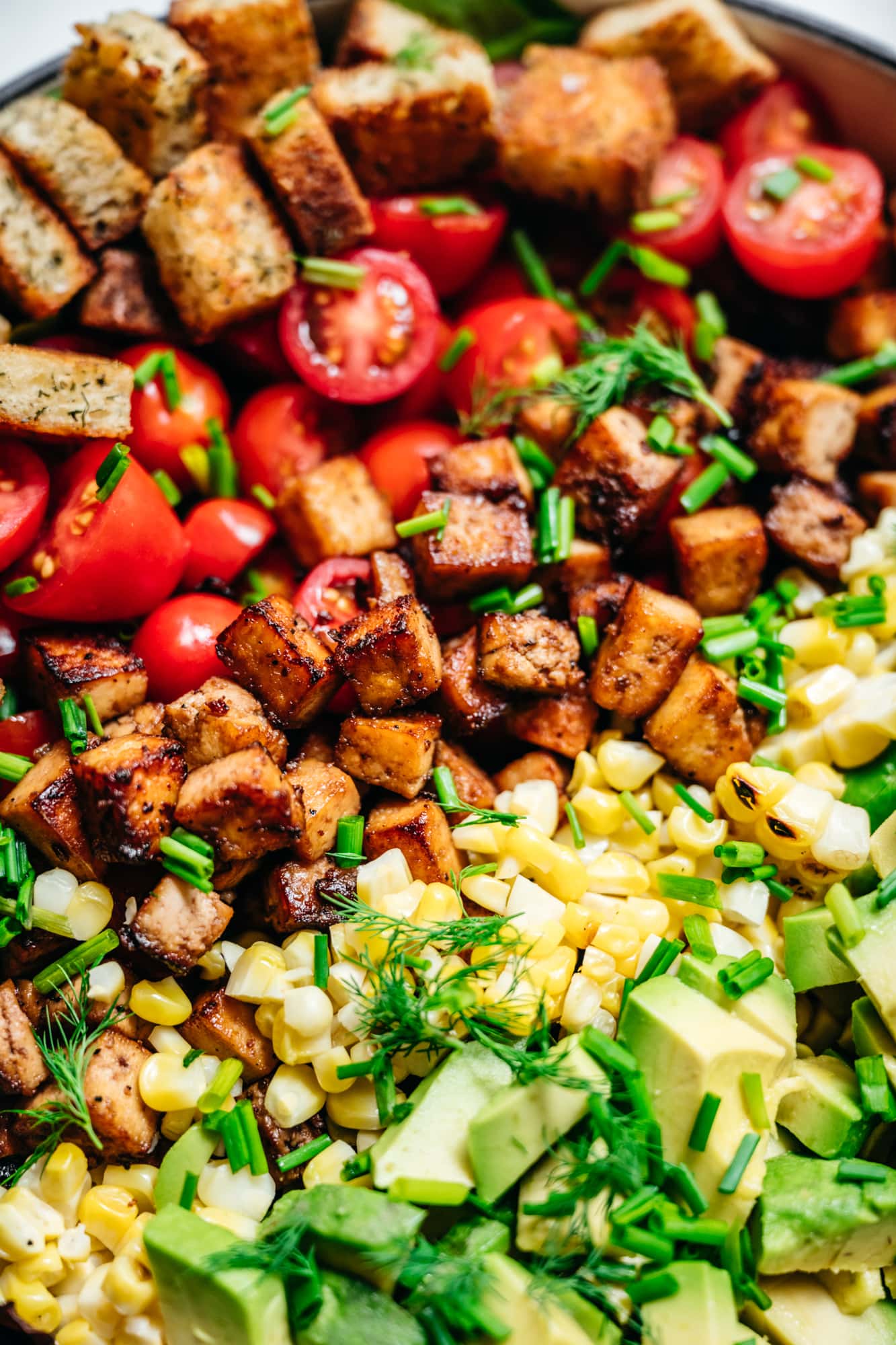 close up view of vegan blt salad