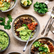 overhead view of vegan burrito bowls