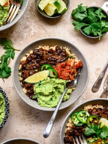 overhead view of vegan burrito bowls