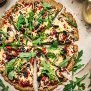 overhead view of vegan cauliflower crust pizza