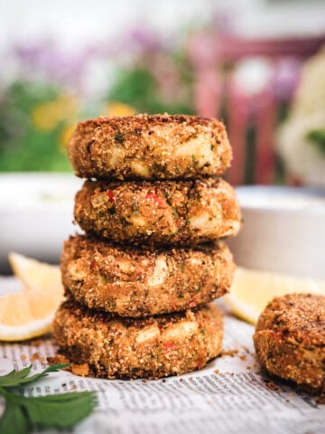 stack of vegan crab cakes