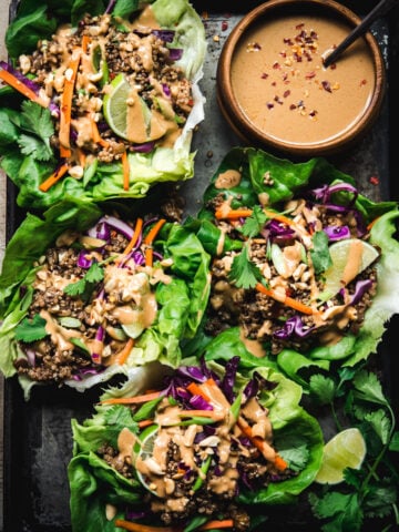 overhead view of Vegan Asian-Inspired Lettuce Wraps