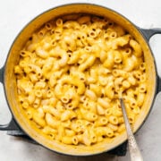 overhead view of vegan mac and cheese in pot