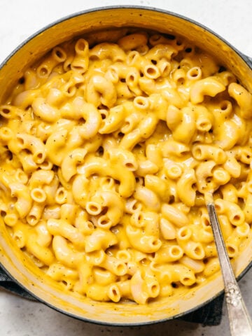 overhead view of vegan mac and cheese in pot