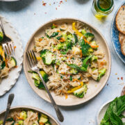 overhead view of vegan pasta primavera in bowl