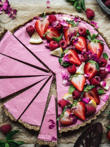 overhead view of Vegan Strawberry Mousse Pie