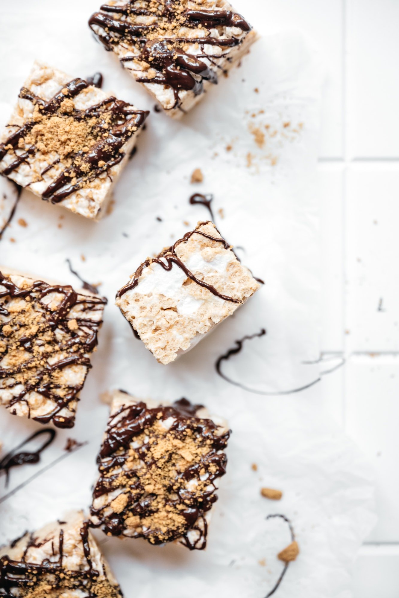 overhead view of vegan s'mores rice krispie treats