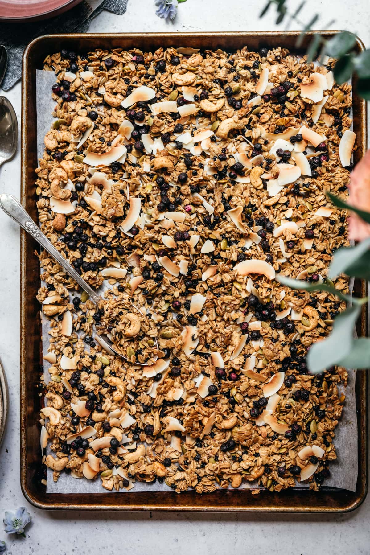 overhead view of vegan lemon blueberry coconut granola on a sheet pan