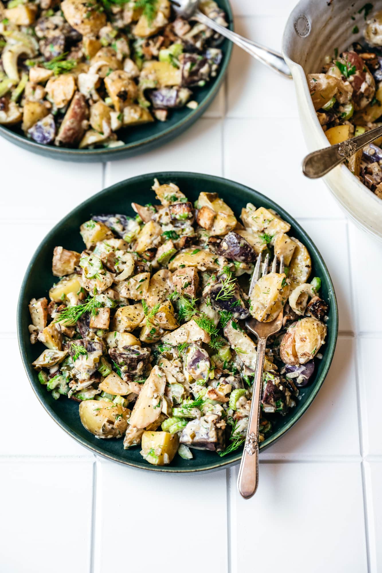 overhead view of vegan potato salad in bowl