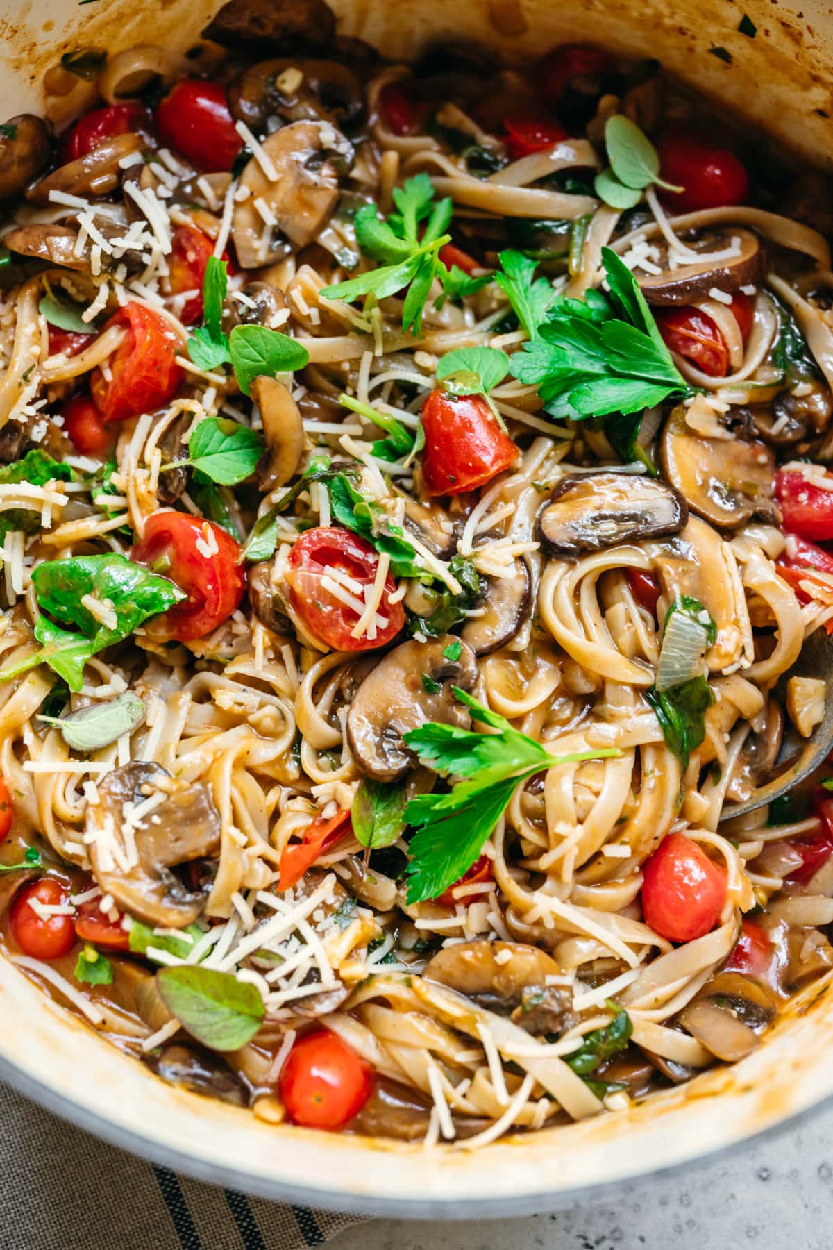 close up view of one pot vegan pasta in a large pot.