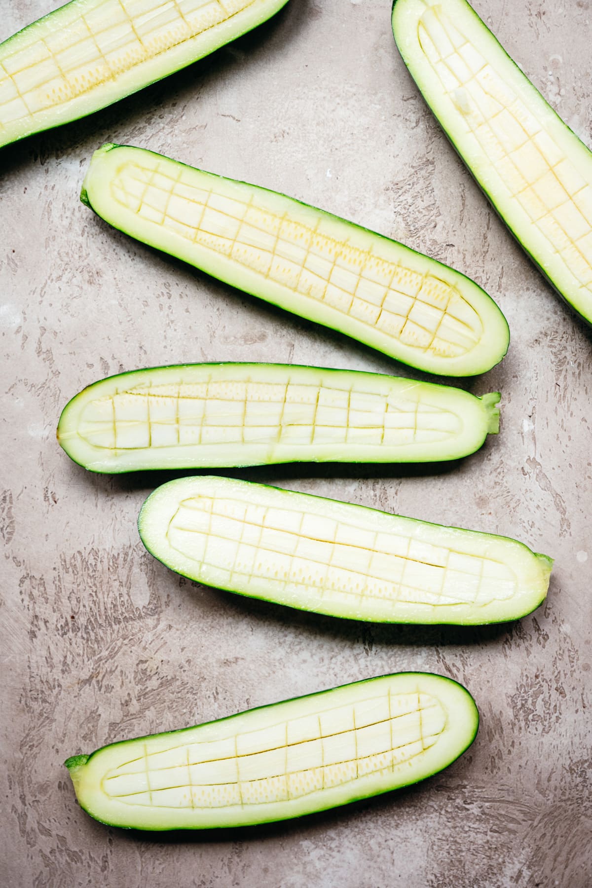 overhead view of scored zucchini