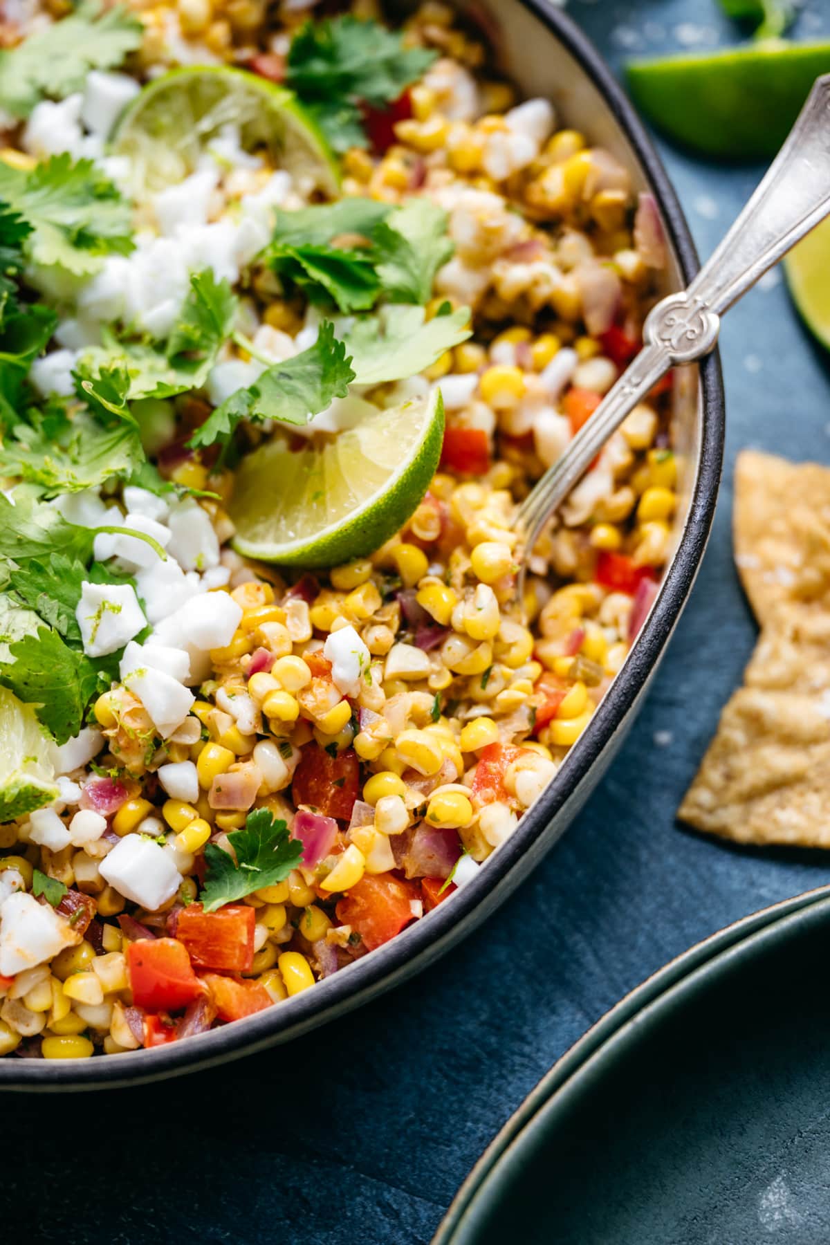 close up view of summer corn salad in bowl