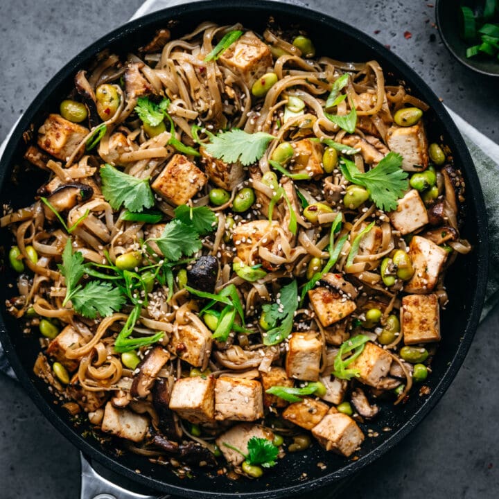 Vegan Rice Noodles with Crispy Tofu and Mushrooms - Crowded Kitchen