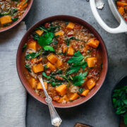 Vegetable soup seen from above.