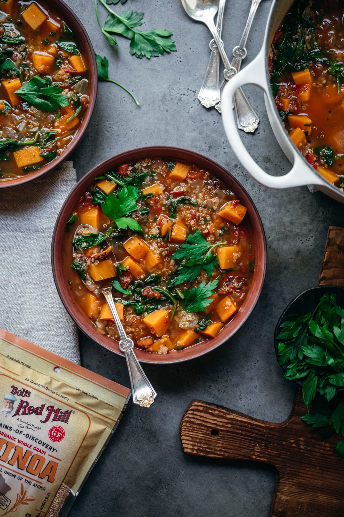 overhead view of quinoa vegetable soup.