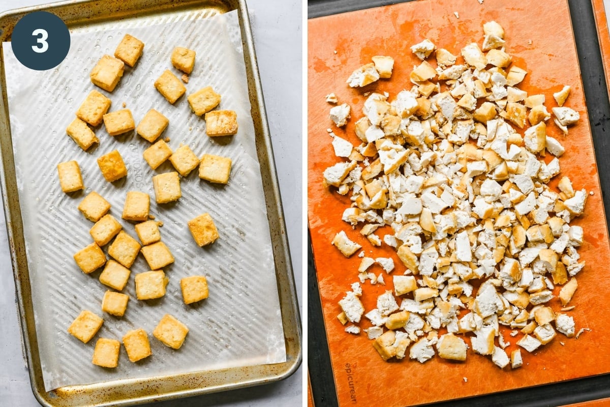 on the left: crispy baked tofu on sheet pan. on the right: tofu chopped into smaller pieces.