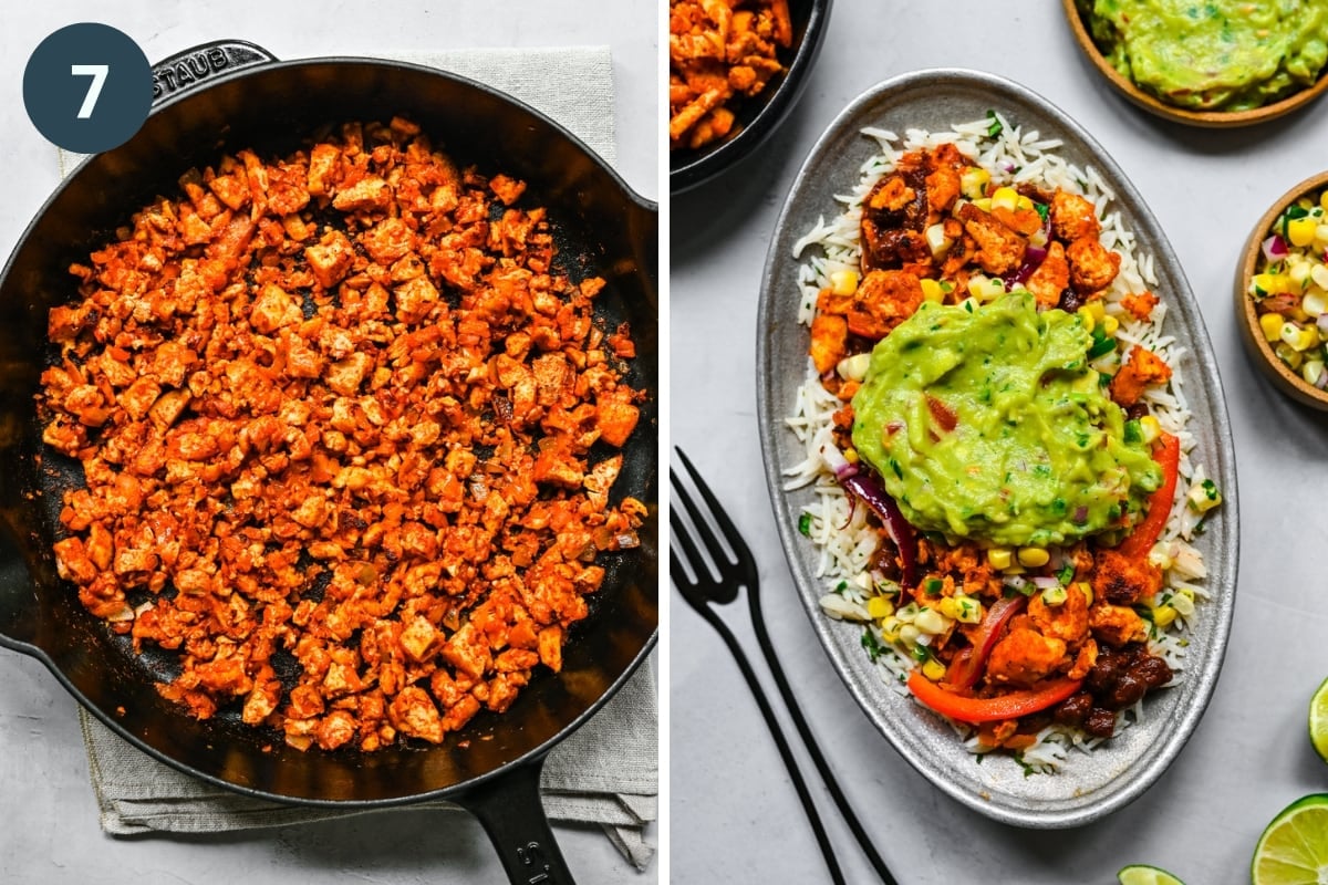 Finished sofritas tofu in a skillet and in a burrito bowl.