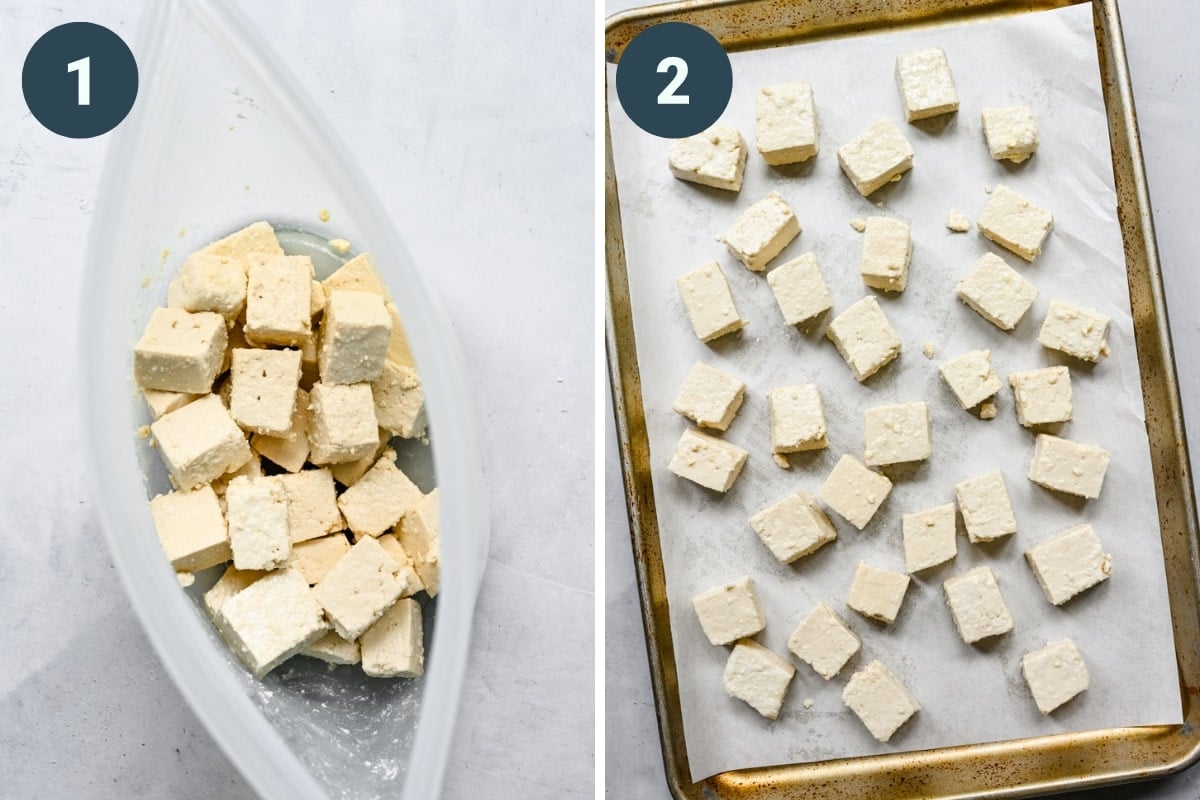 On the left: tofu coated in cornstarch in a bag. On the right: uncooked tofu on a sheet pan. 