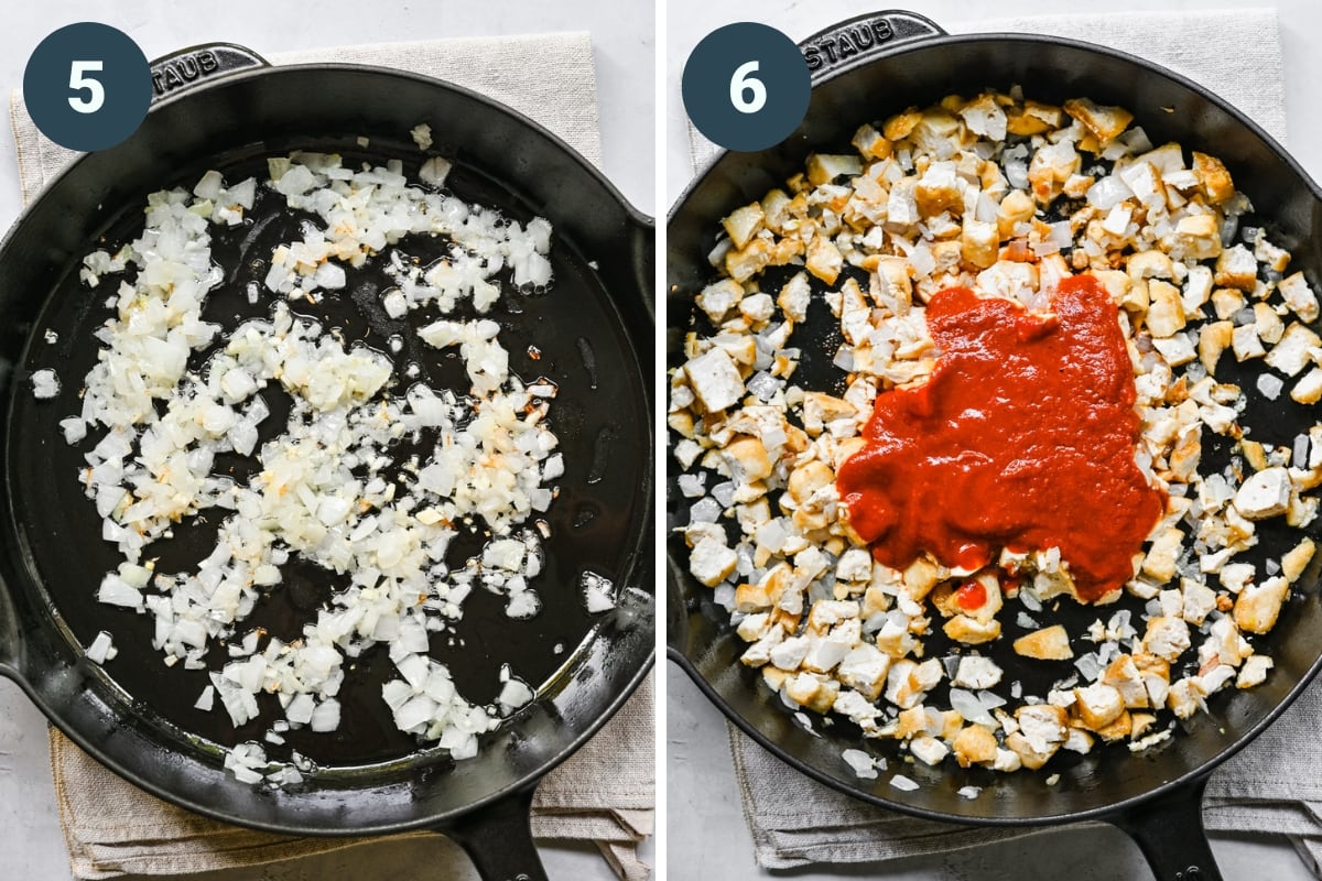 on the left: sauteed onions in a skillet. on the right: adding in the tofu and adobo sauce.