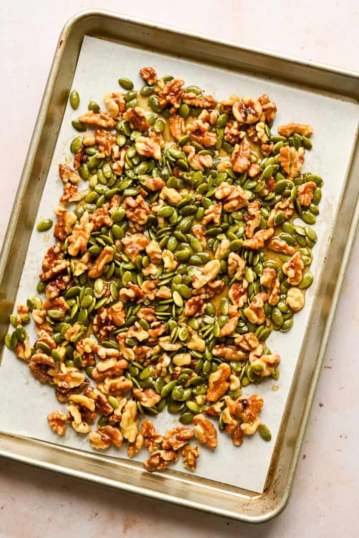 Overhead view of pecan brittle before baking.