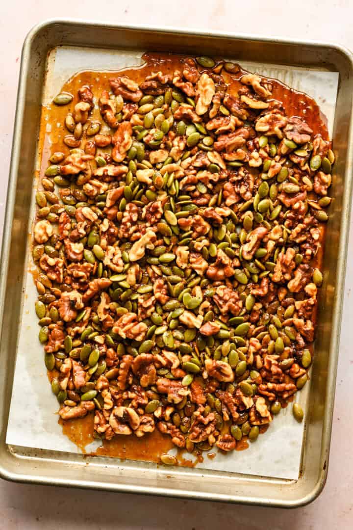 Overhead view of pecan brittle after taking it out of the oven.