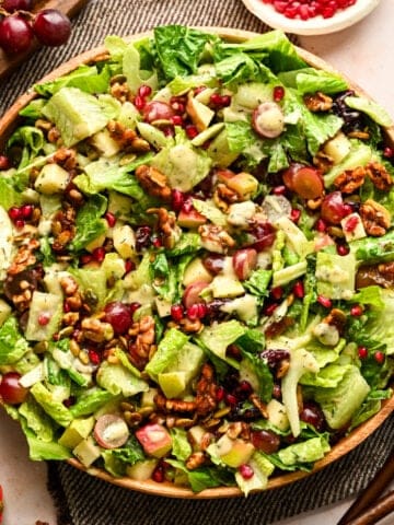 Overhead view of waldorf salad in a bowl.