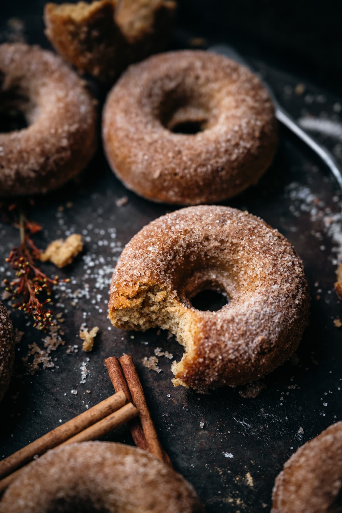 side view of a vegan baked apple cider donut with a bite taken out.