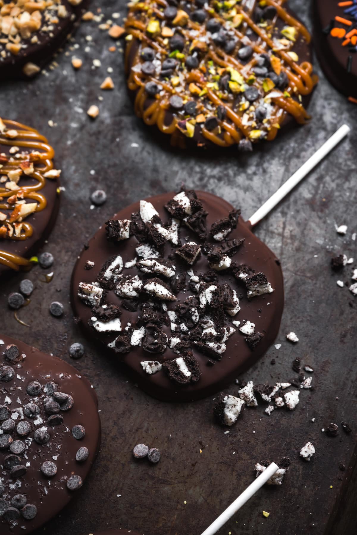 overhead view of chocolate covered apple slice with crushed oreos.