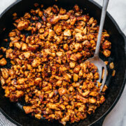 overhead view of crispy sofritas tofu in a cast iron skillet.
