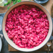 overhead view of vegan creamy beet pasta in large pot.