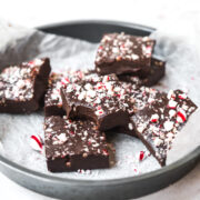 side view of circular pan filled with slices of vegan peppermint fudge.