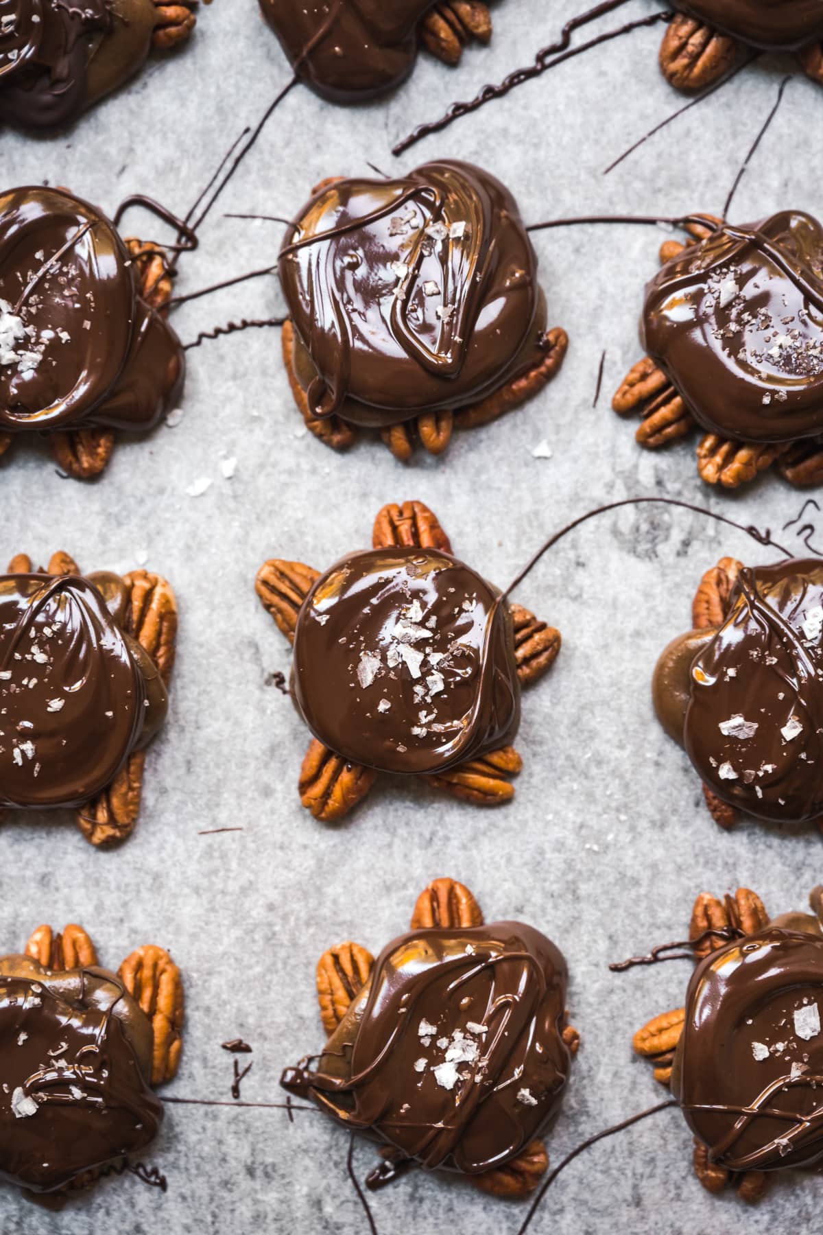 overhead view of vegan chocolate caramel pecan turtles on parchment paper.