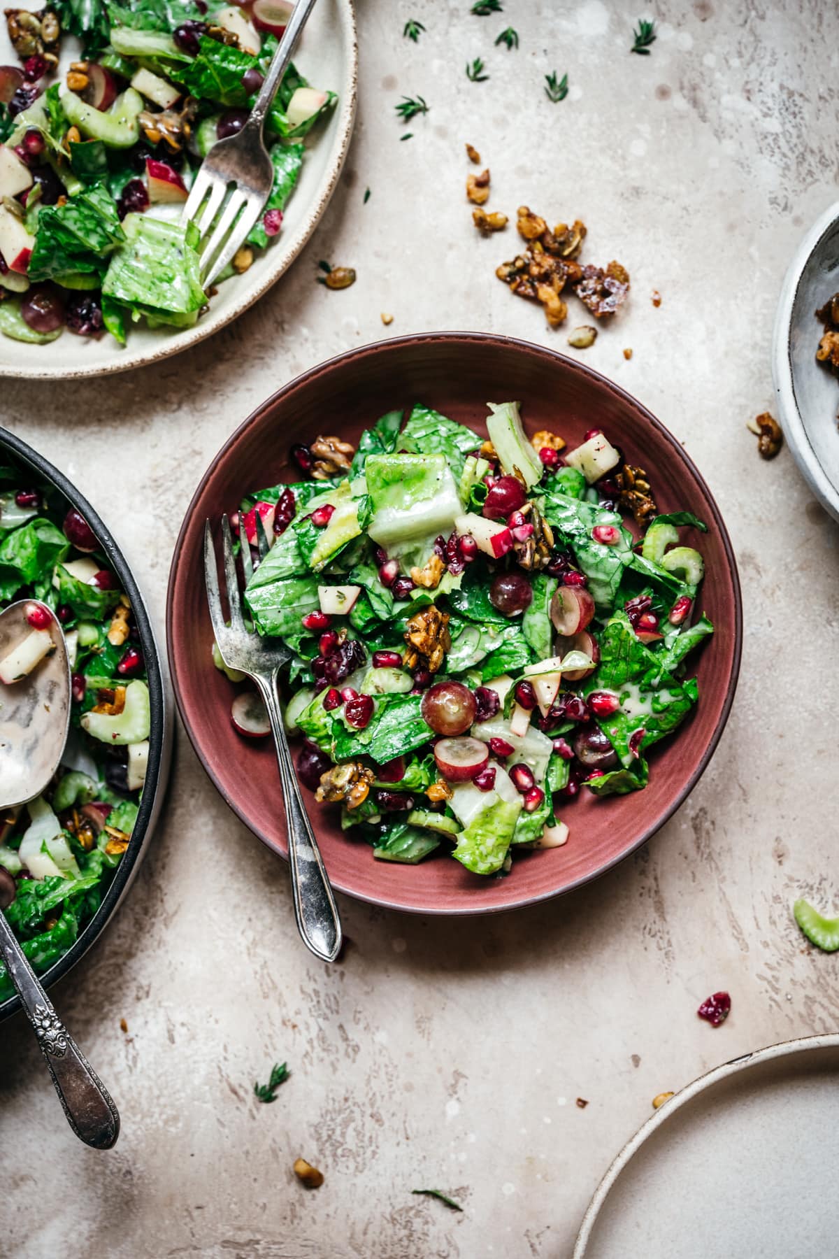 overhead view of bowls of vegan waldorf salad. 