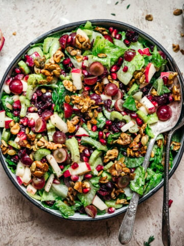 overhead view of vegan waldorf salad with walnut brittle and pomegranate in a bowl with serving utensils.