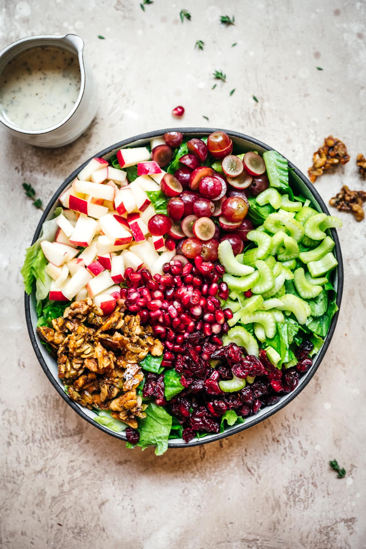 overhead view of vegan waldorf salad in bowl before adding dressing.