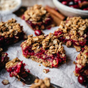 side view of vegan cranberry crumb bar cut in half with oat streusel topping.