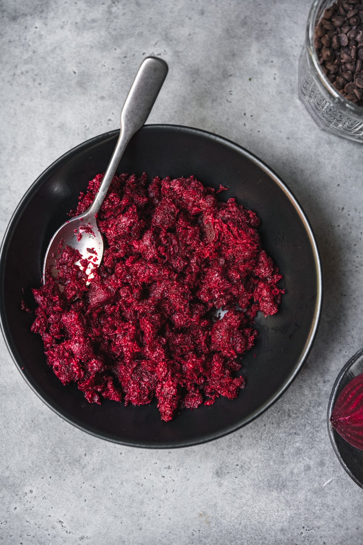 overhead view of beet pulp in a bowl.