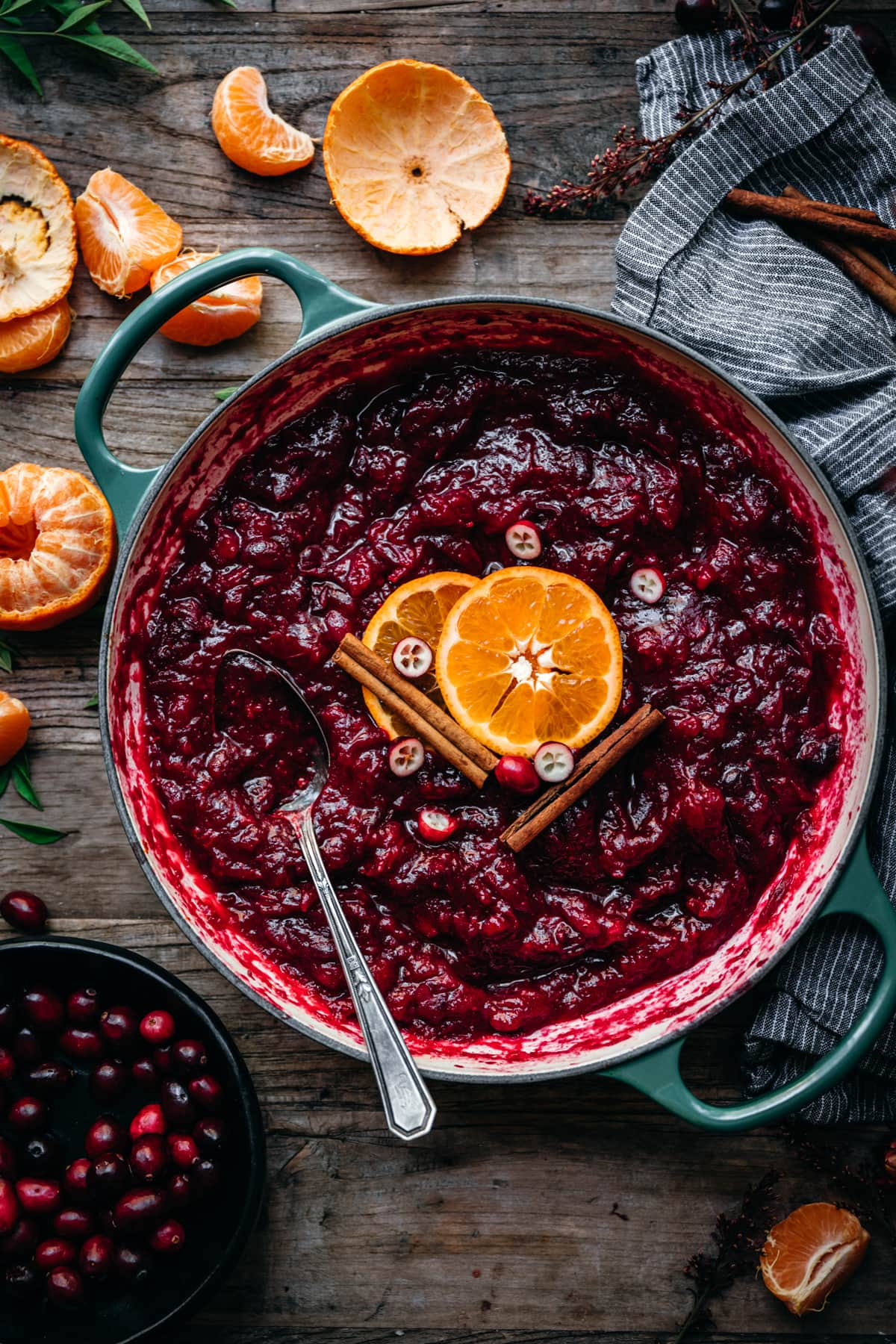 overhead view of cranberry sauce in a pan.