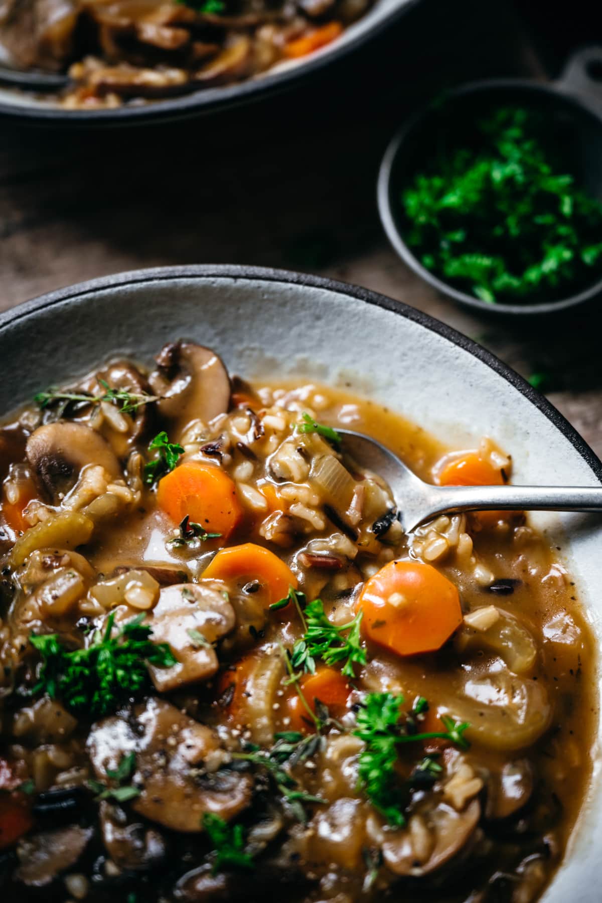 close up view of mushroom wild rice soup in a white ceramic bowl.