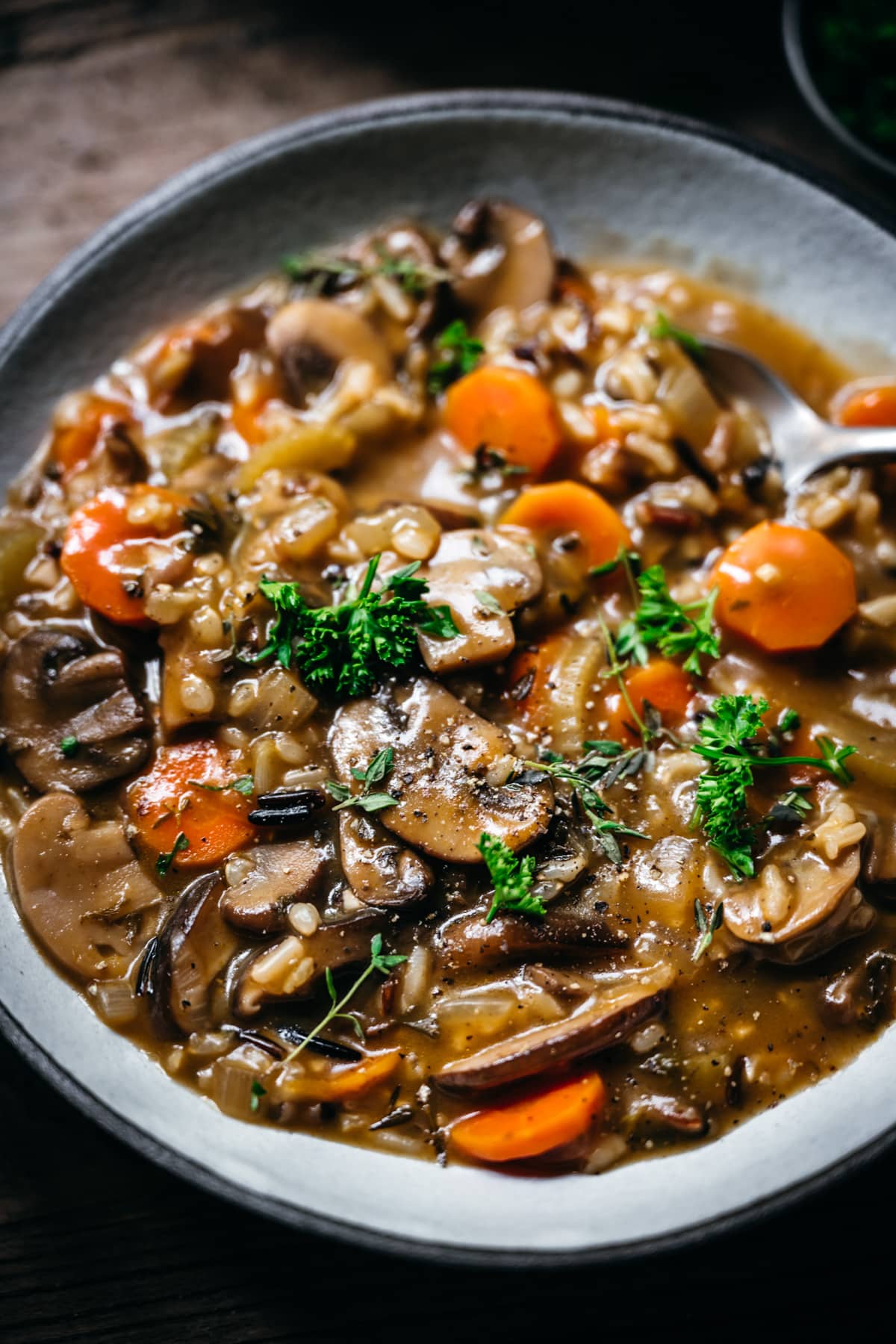 close up view of mushroom wild rice soup in a white ceramic bowl.