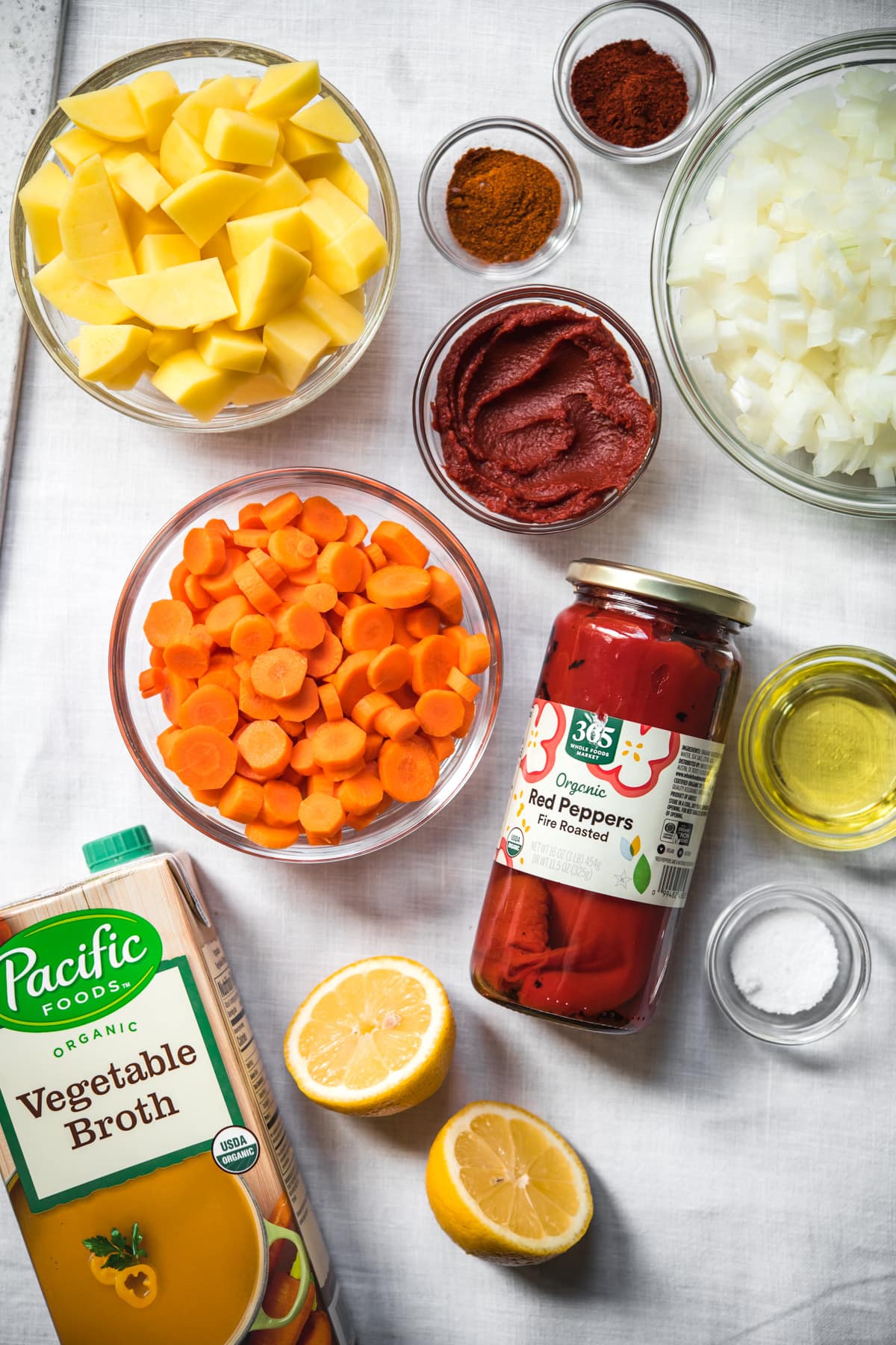 overhead view of ingredients for vegan roasted red pepper soup.