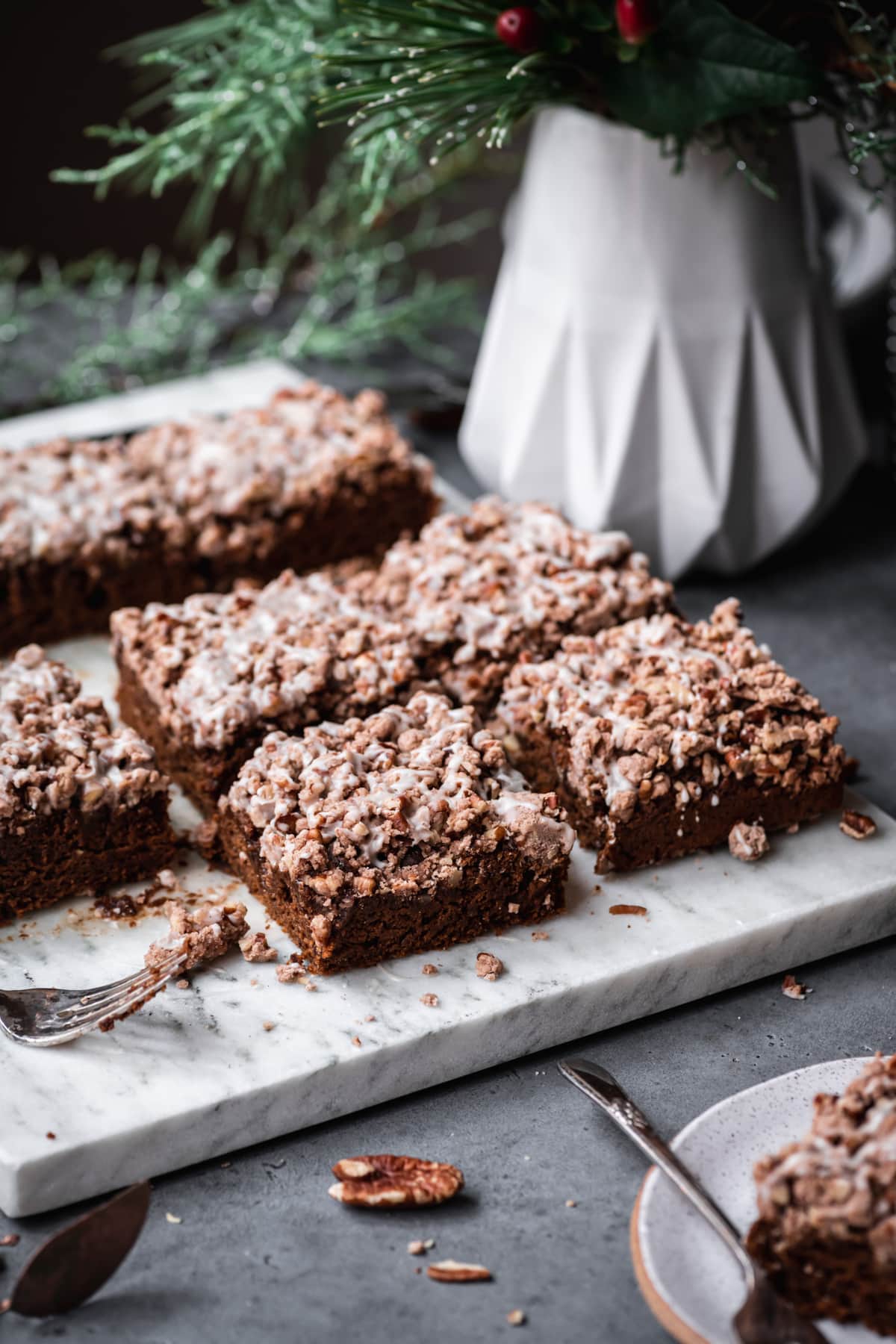 side view of slices of vegan gingerbread coffee cake. 