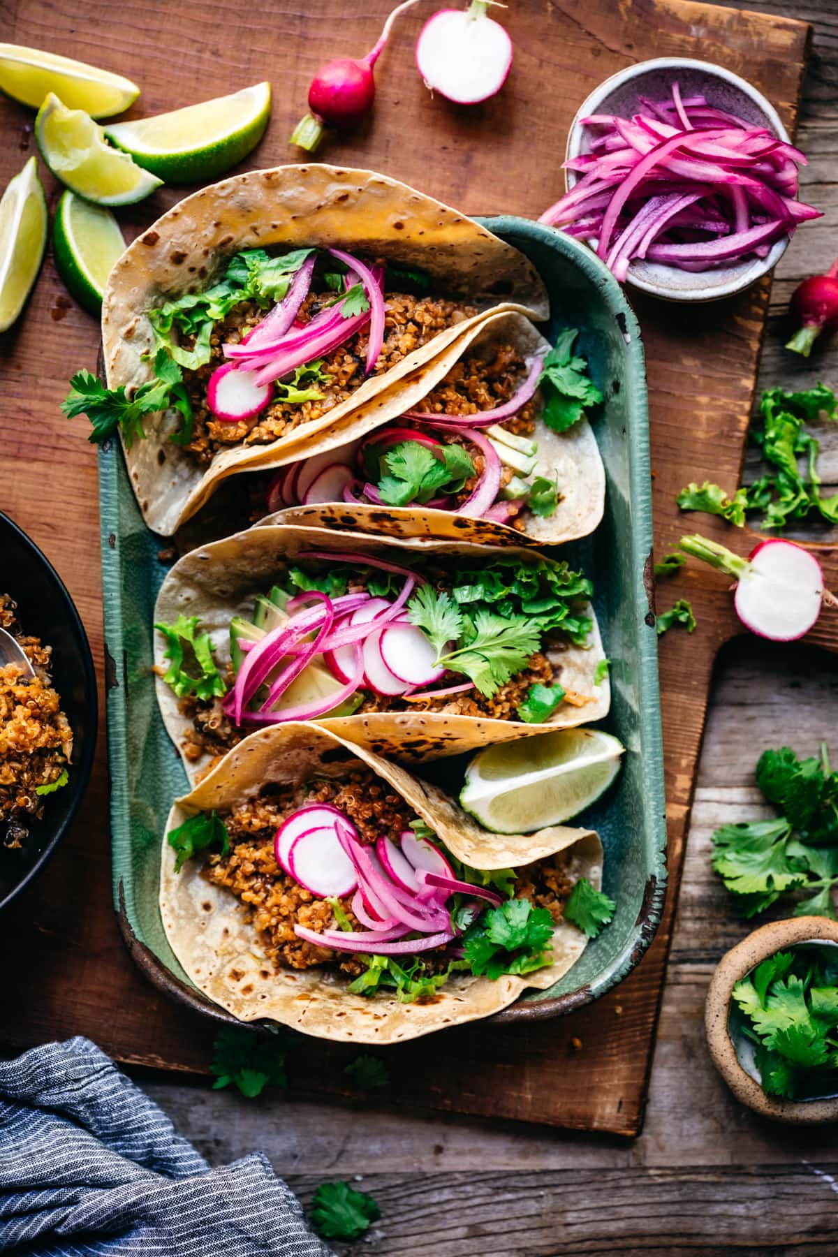 overhead view of tacos with vegan cauliflower quinoa taco meat. 