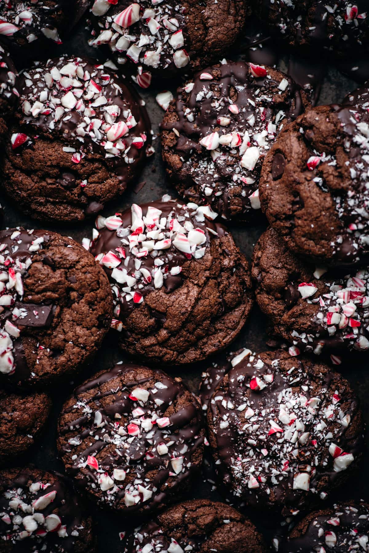 overhead view of double chocolate peppermint cookies. 