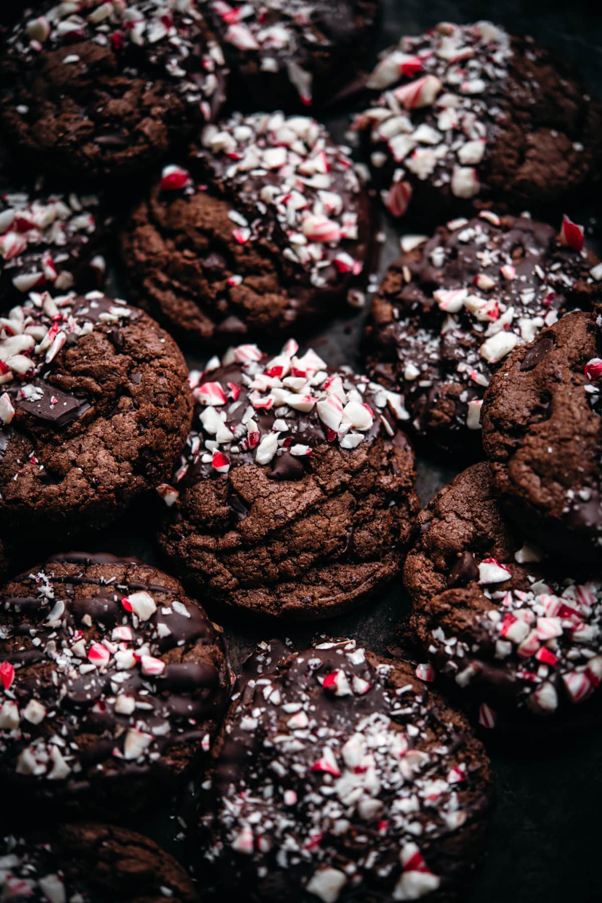 close up view of chocolate peppermint cookies. 