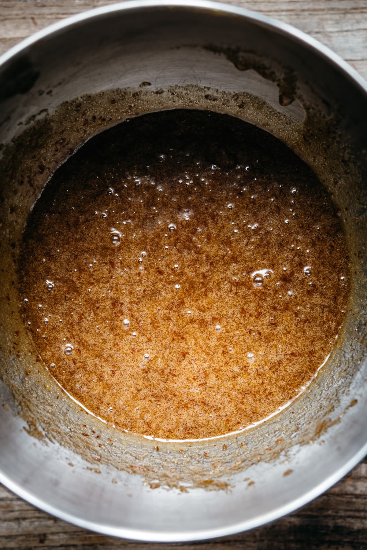 overhead view of wet ingredients for vegan cookies.