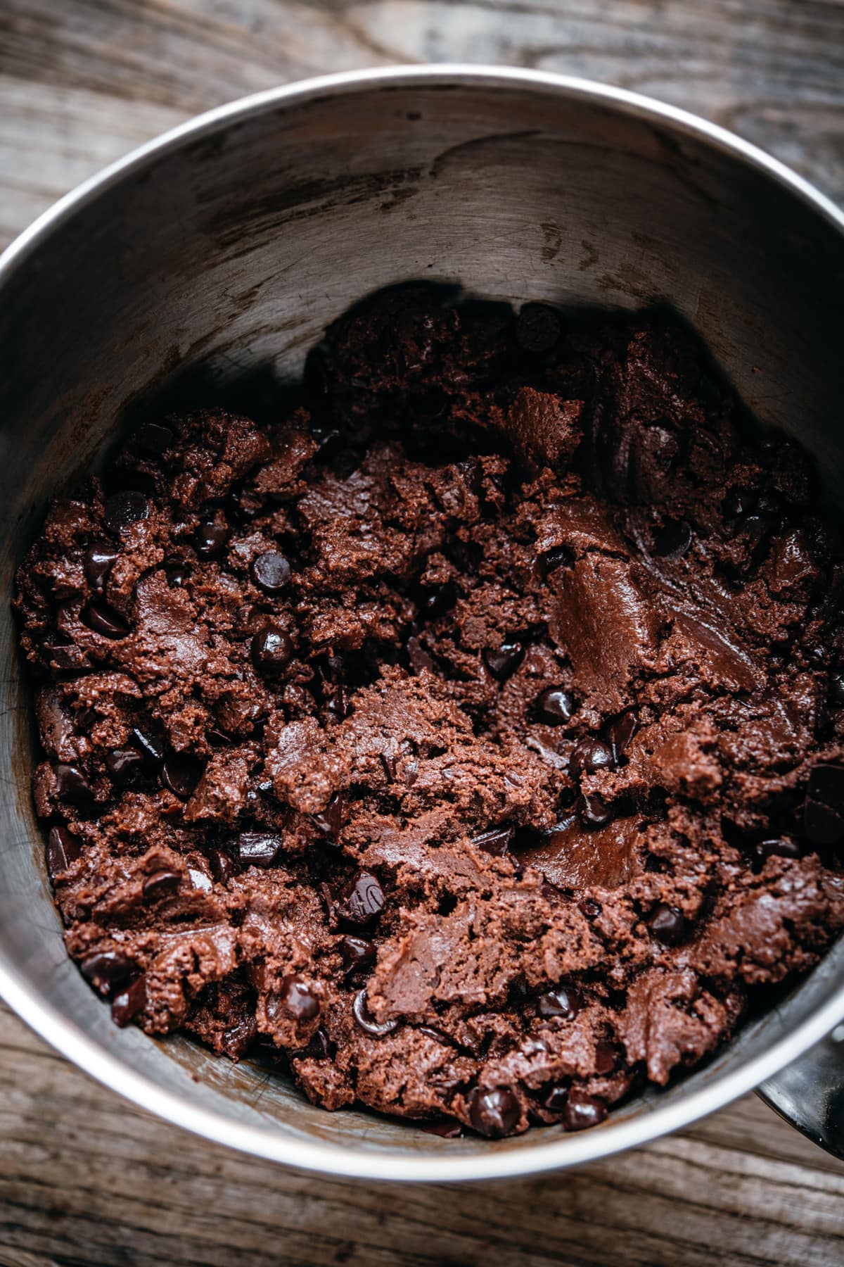 vegan double chocolate peppermint cookie dough in mixing bowl.